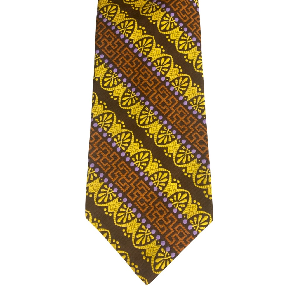 VTG Gimbels Tie Mens Brown Gold Purple Greek Key Tapestry 70s Wide 53x4 RN17223